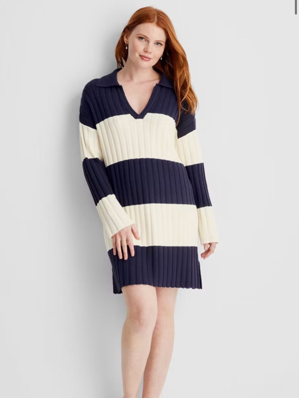 Striped Rib-Knit Sweater Dress in Navy and Cream